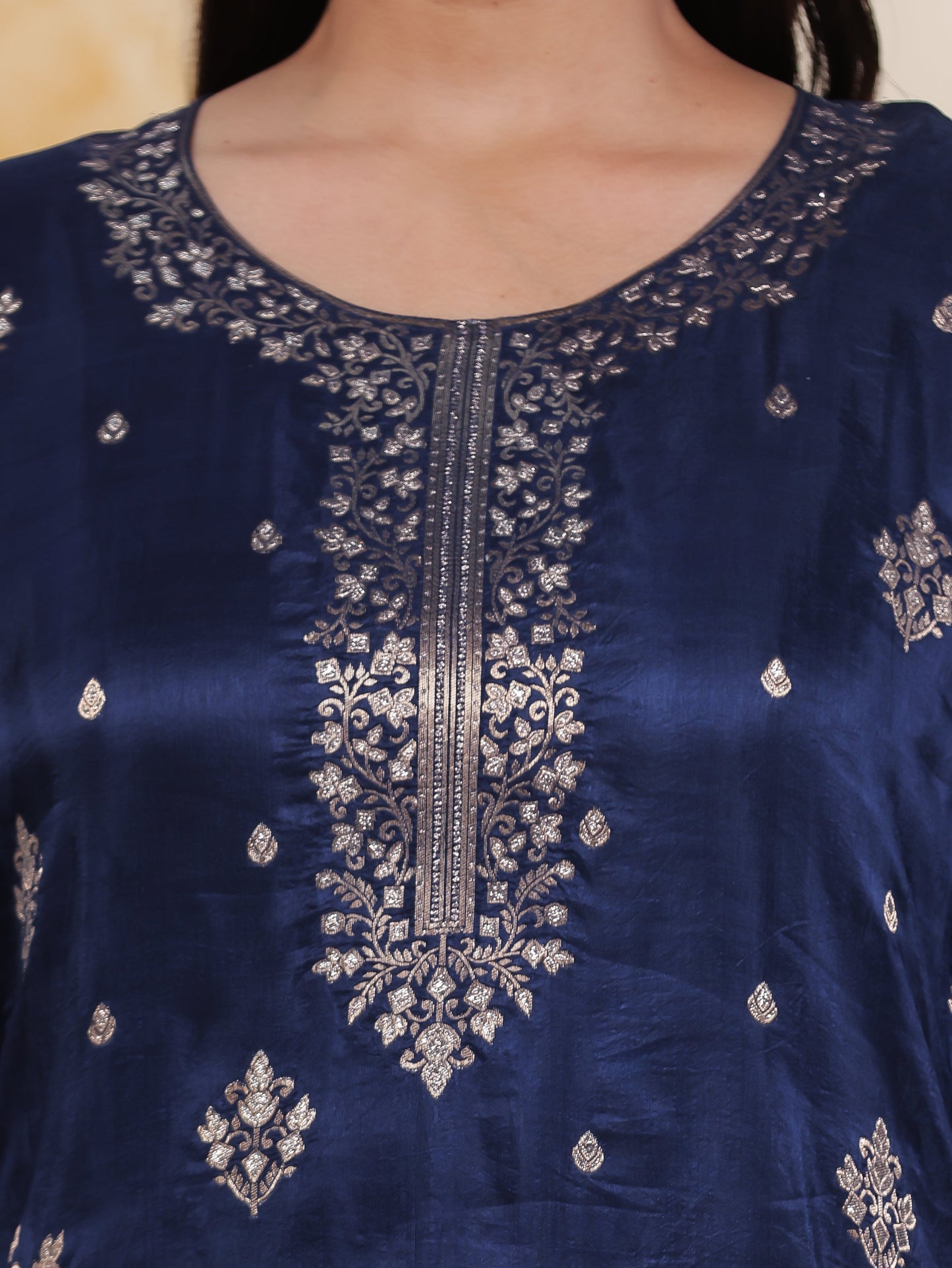 Embroidered Royal Blue Viscose Jacquard Straight Kurta