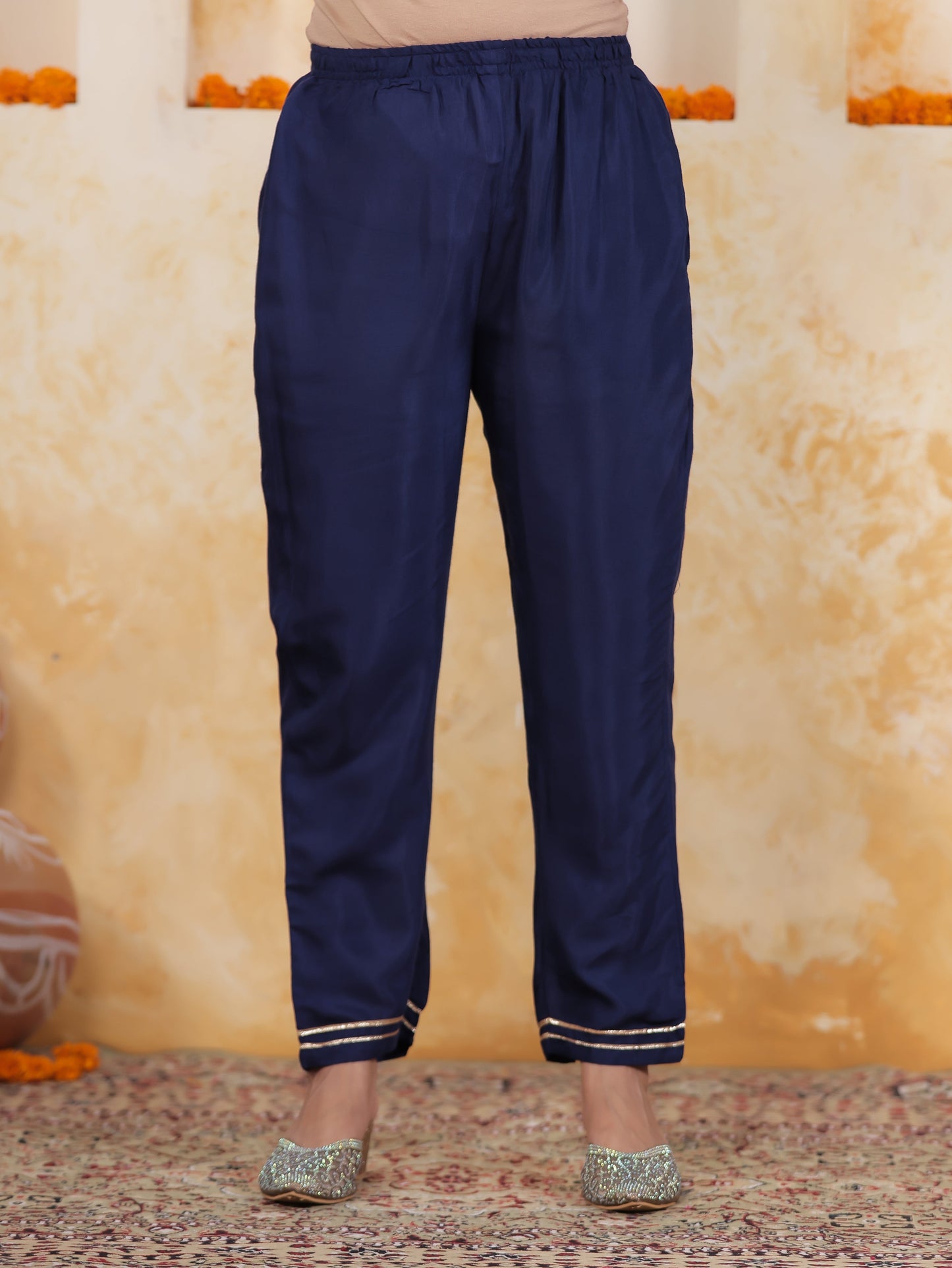 Embroidered Royal Blue Viscose Jacquard Straight Kurta