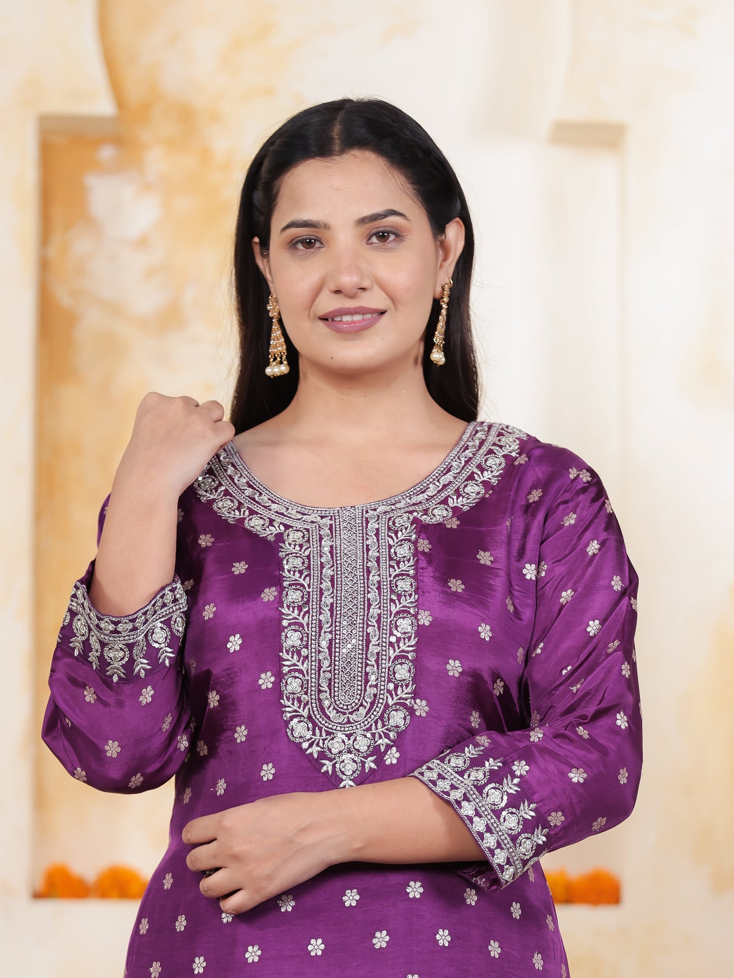 Zari Purple Brocade Straight Kurta