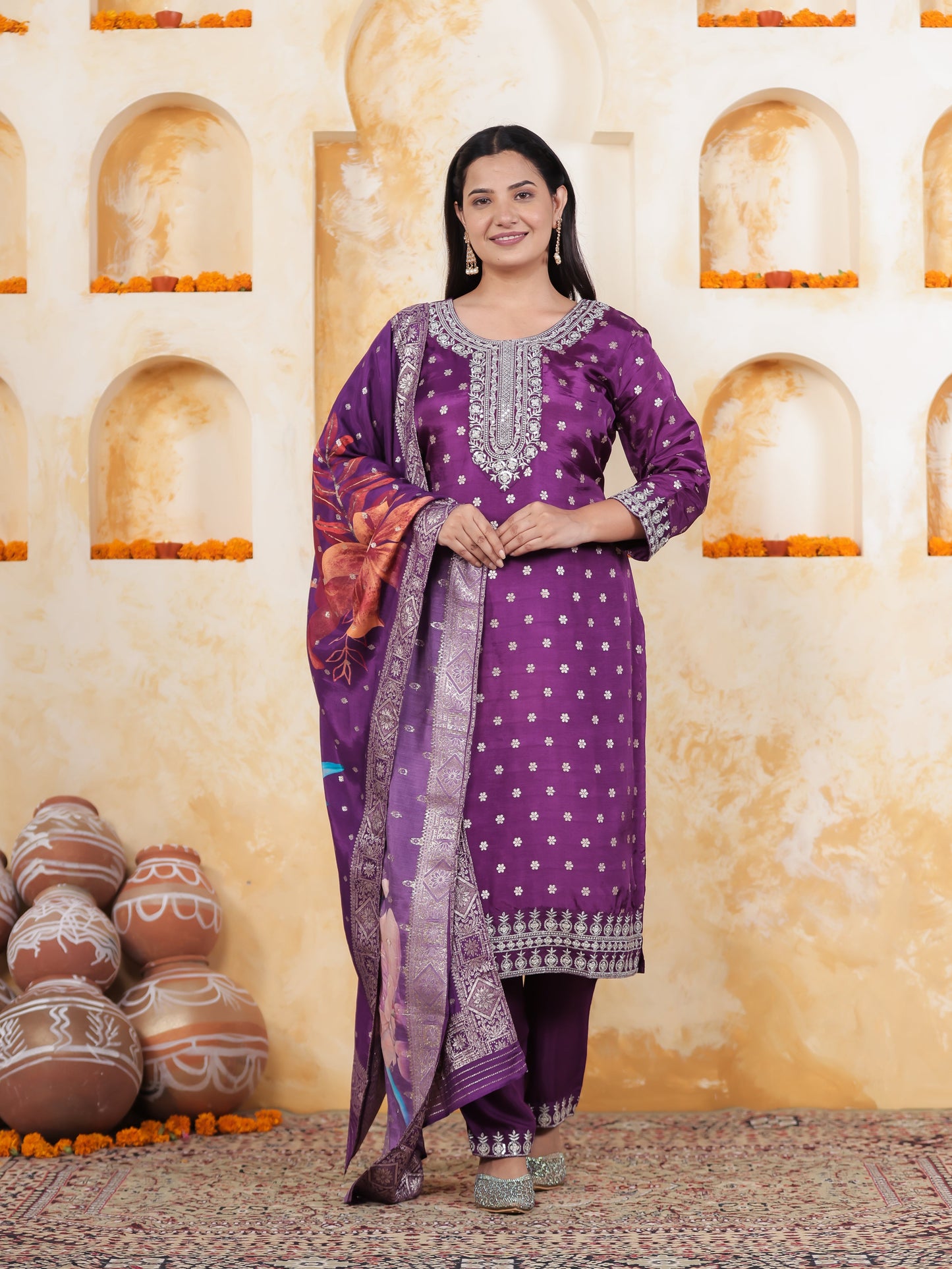 Zari Purple Brocade Straight Kurta