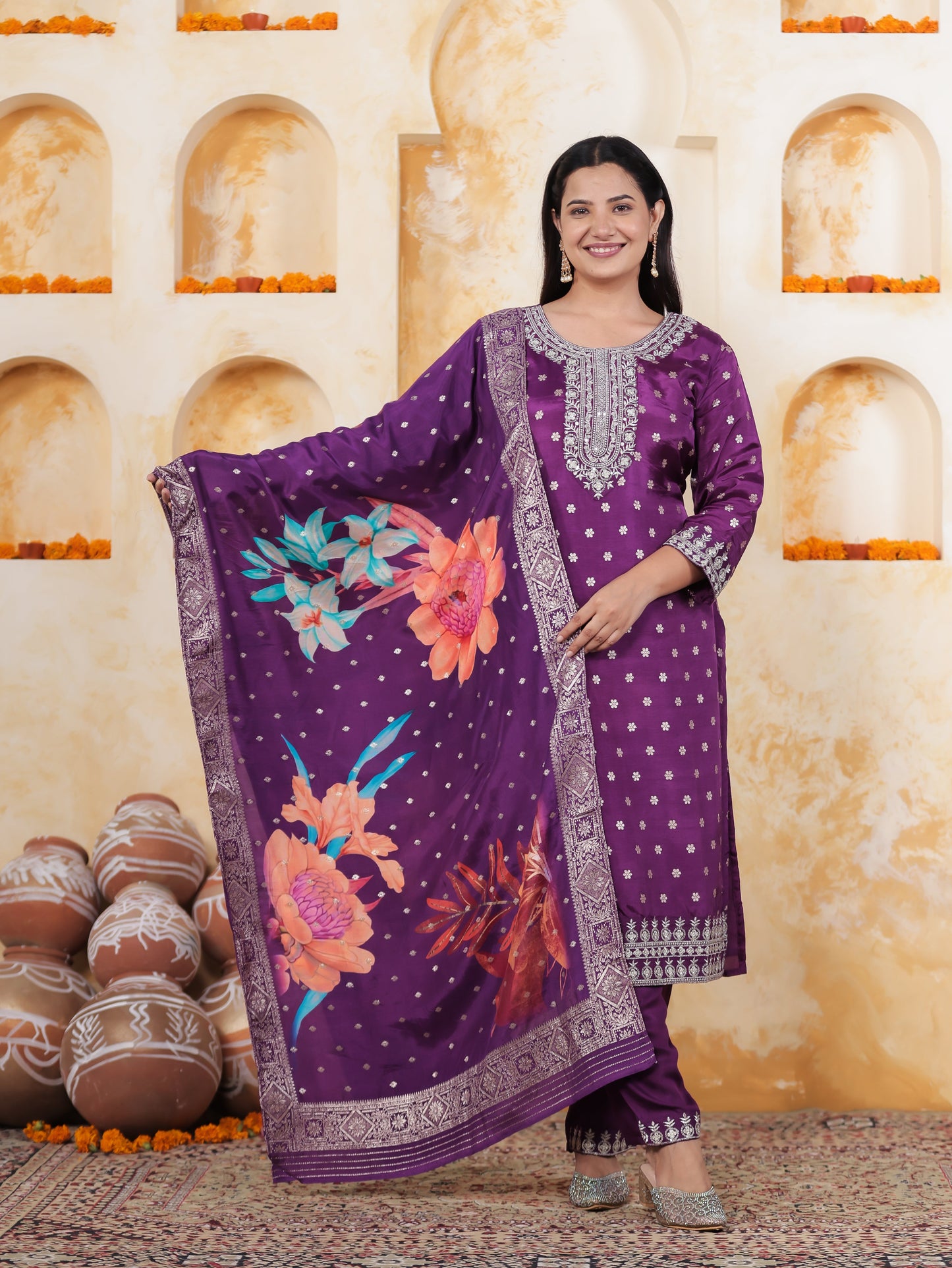 Zari Purple Brocade Straight Kurta