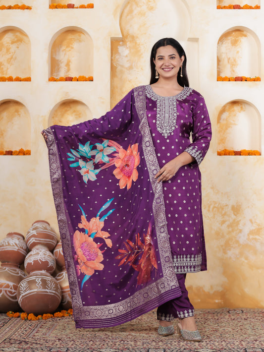 Zari Purple Brocade Straight Kurta