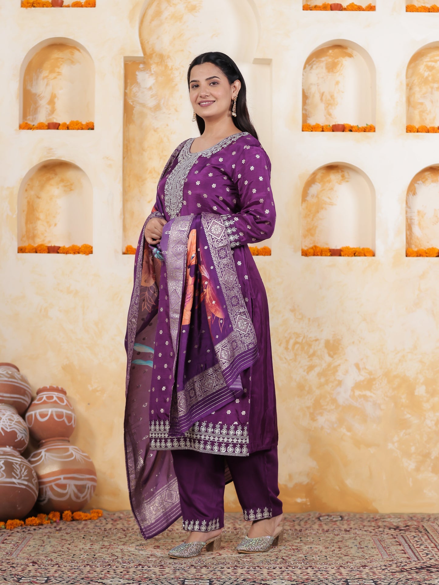 Zari Purple Brocade Straight Kurta
