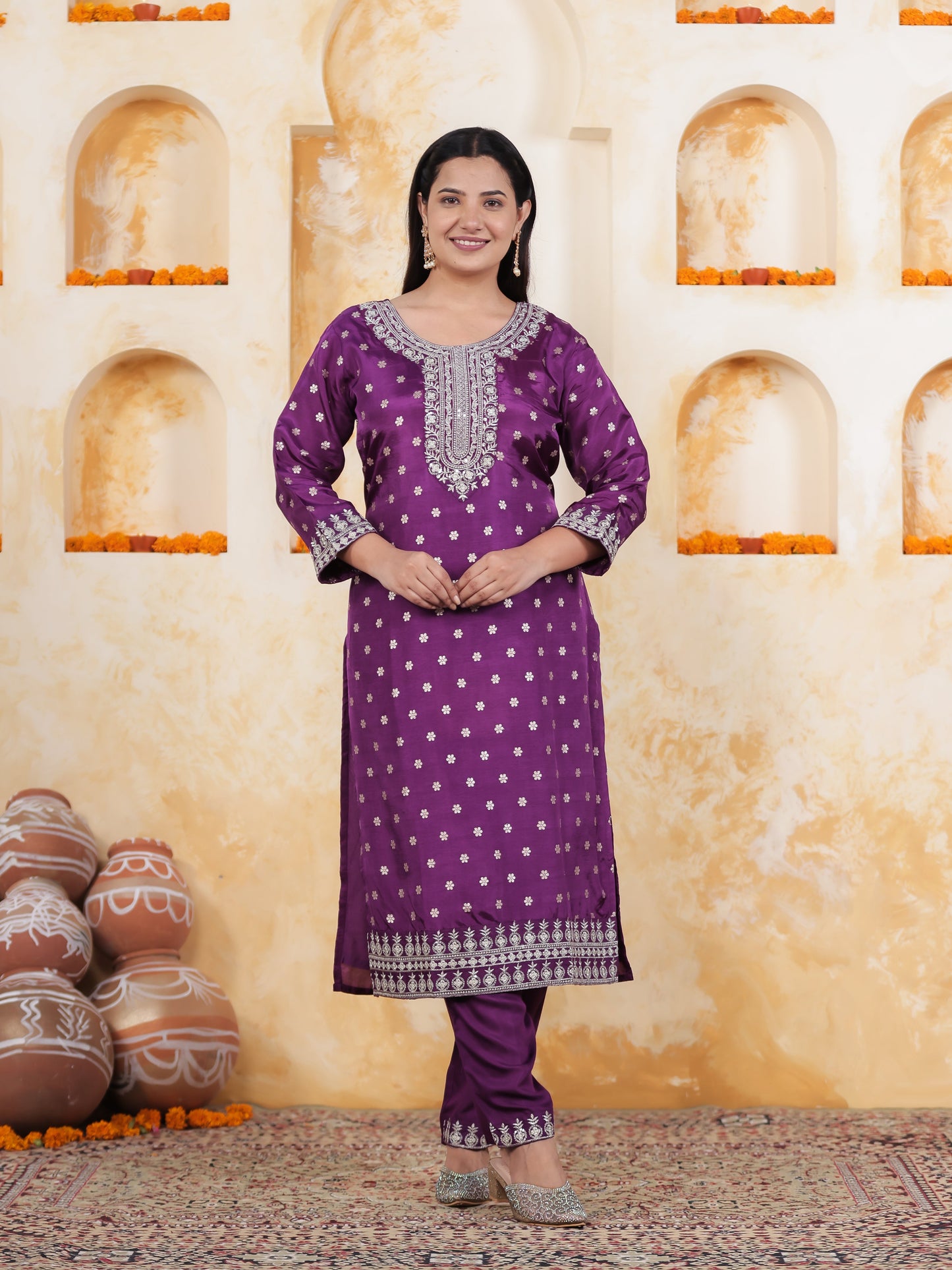 Zari Purple Brocade Straight Kurta