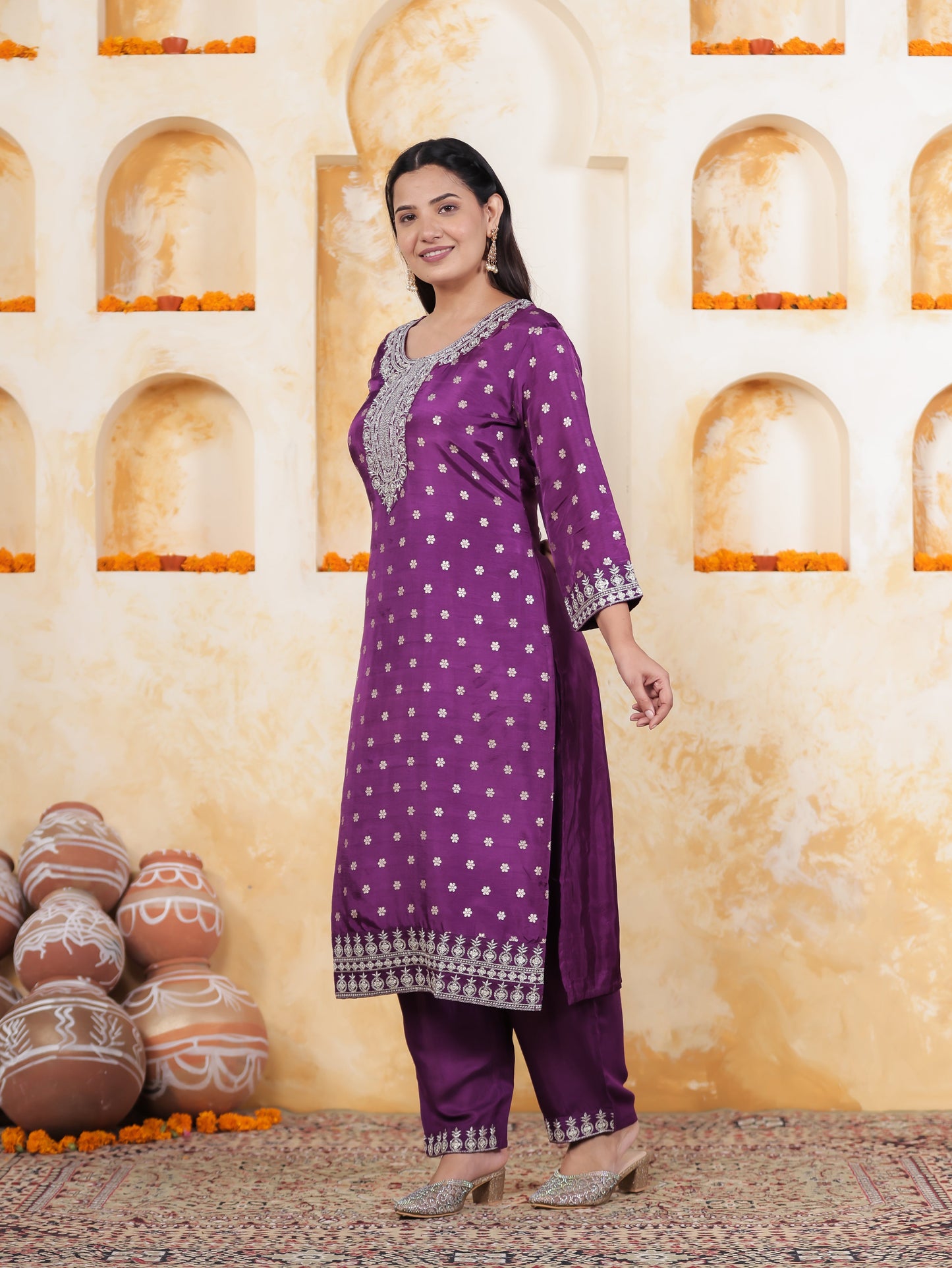 Zari Purple Brocade Straight Kurta