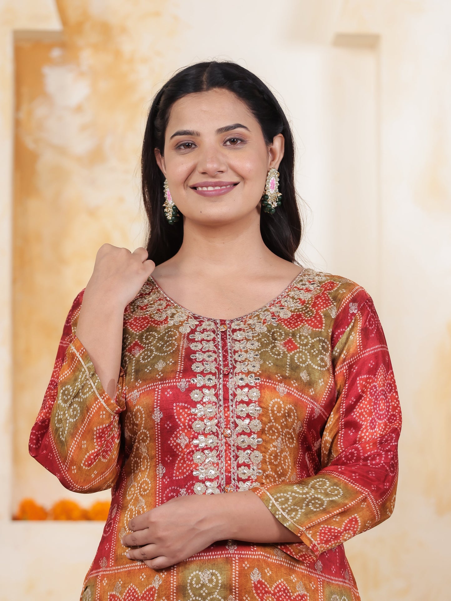 Zari Multi Coloured Bandhani Viscose Jacquard Straight Kurta