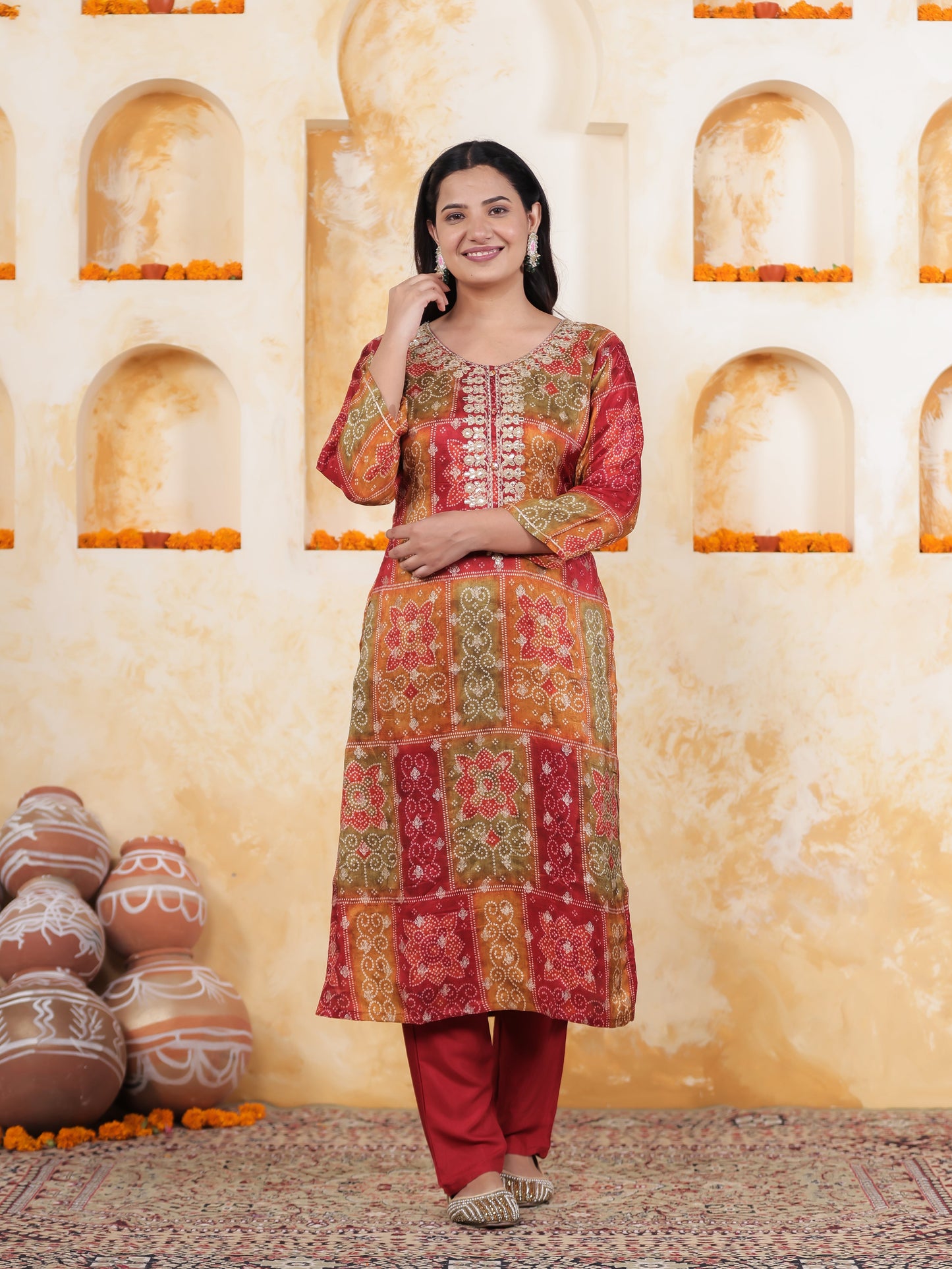 Zari Multi Coloured Bandhani Viscose Jacquard Straight Kurta
