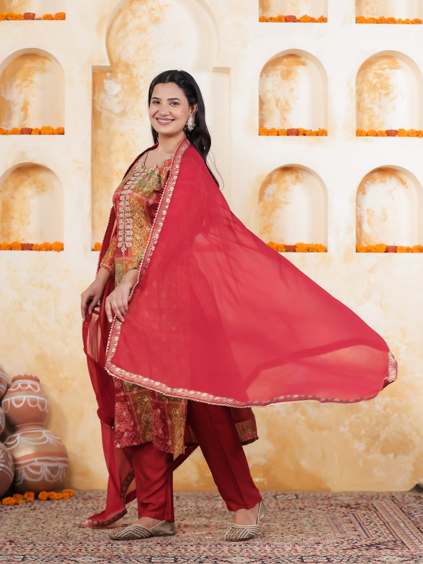 Zari Multi Coloured Bandhani Viscose Jacquard Straight Kurta