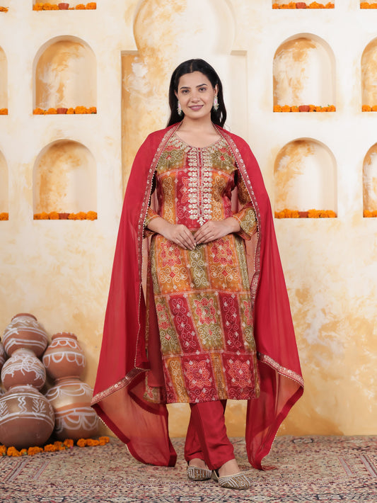 Zari Multi Coloured Bandhani Viscose Jacquard Straight Kurta