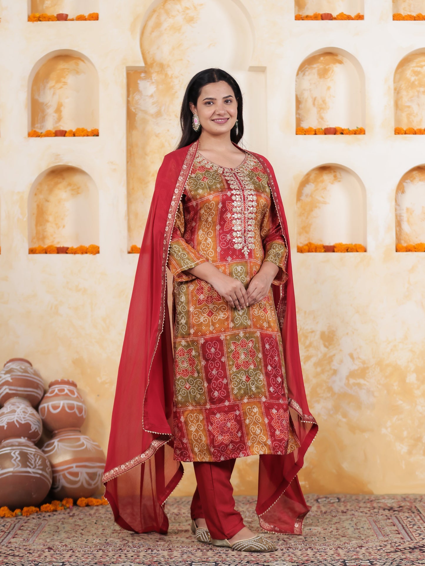 Zari Multi Coloured Bandhani Viscose Jacquard Straight Kurta