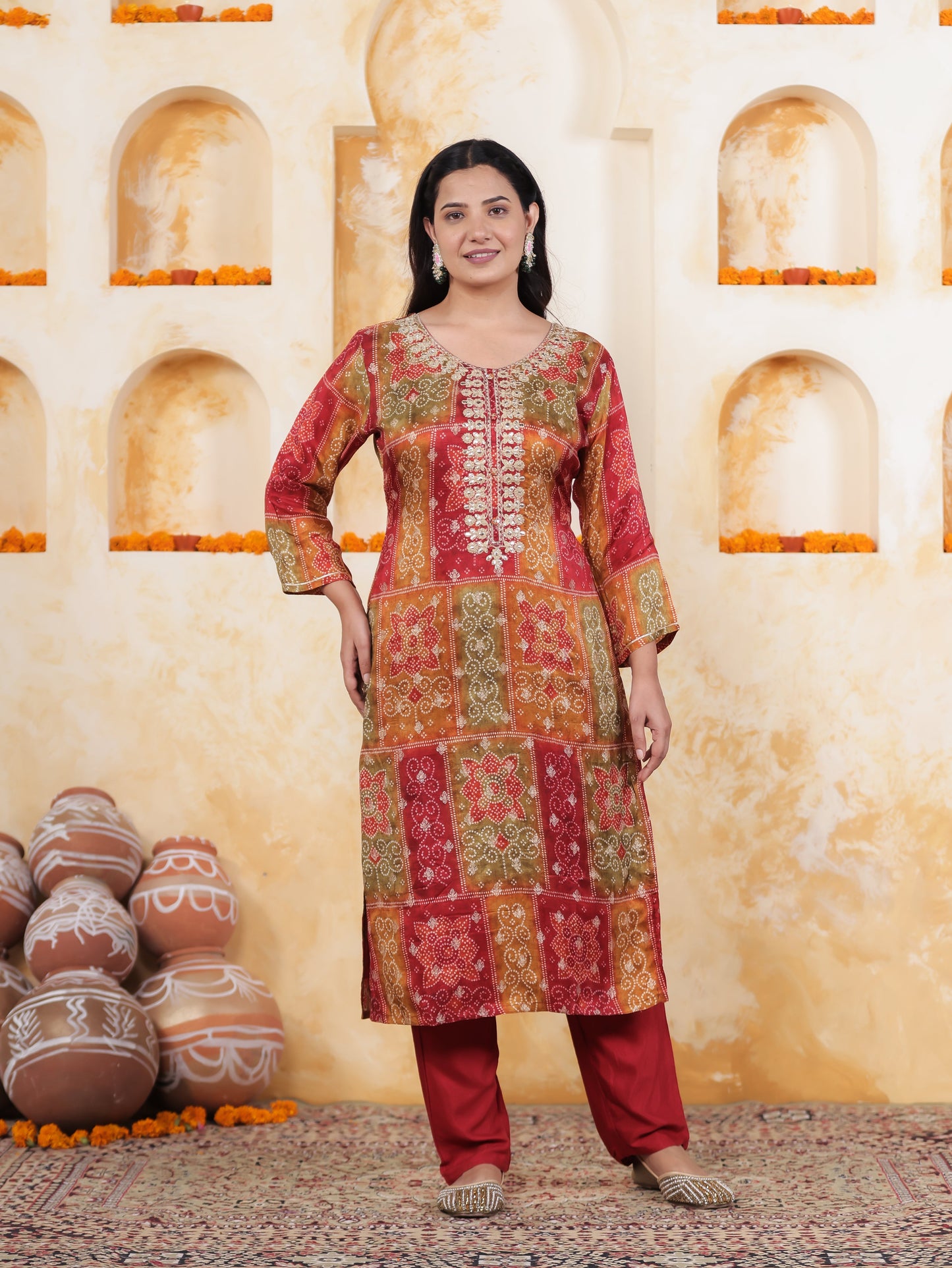 Zari Multi Coloured Bandhani Viscose Jacquard Straight Kurta