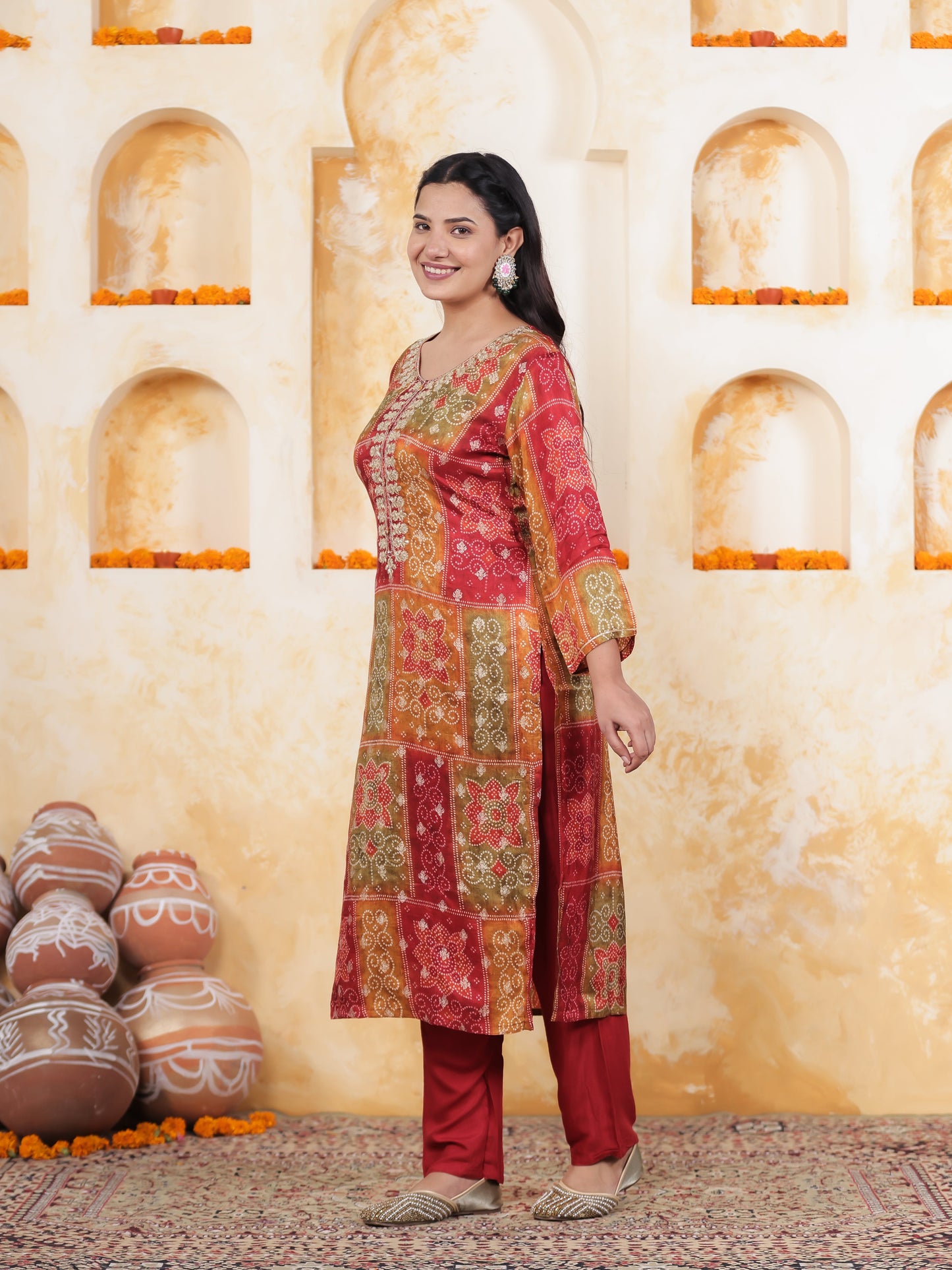 Zari Multi Coloured Bandhani Viscose Jacquard Straight Kurta