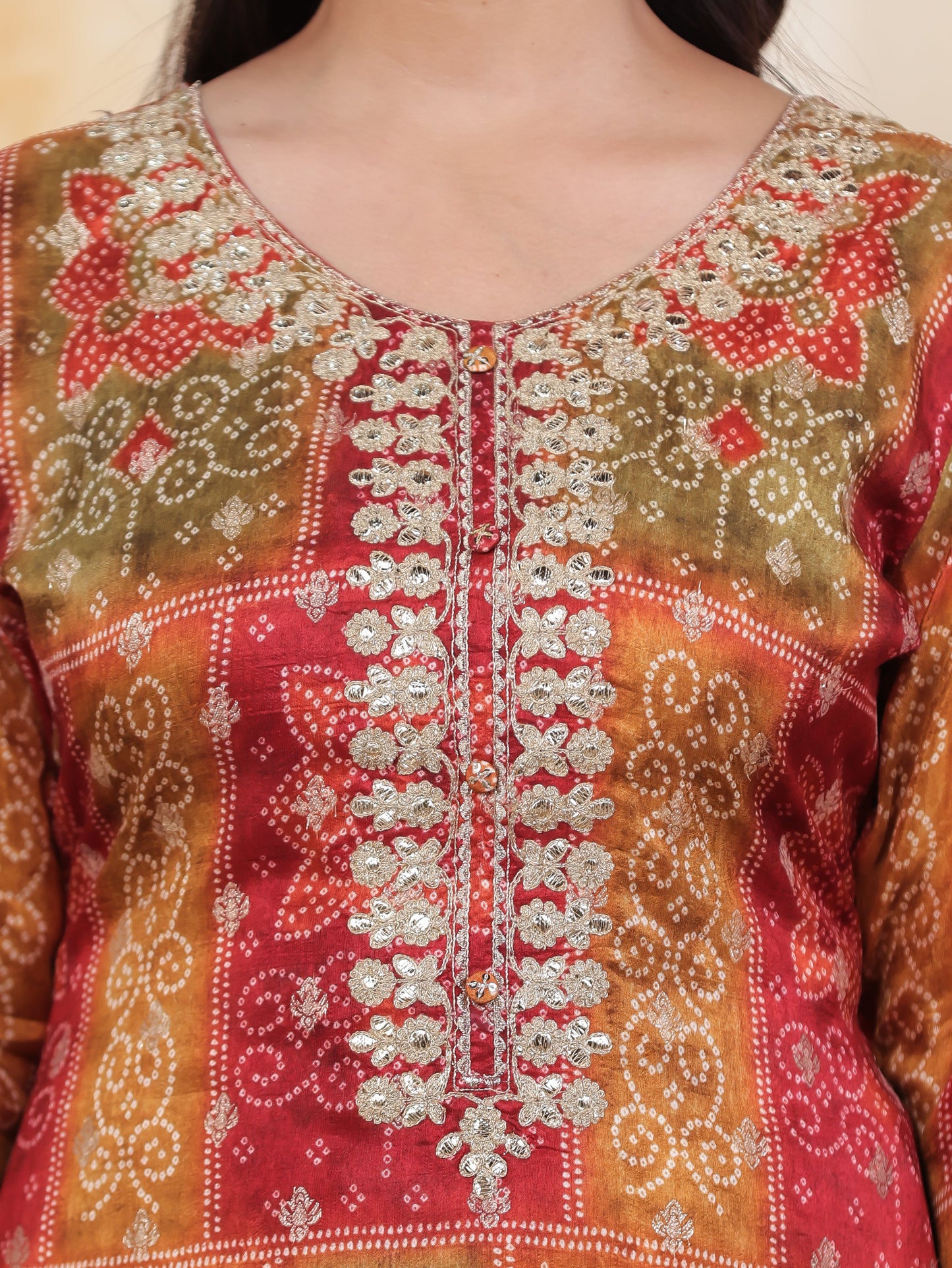 Zari Multi Coloured Bandhani Viscose Jacquard Straight Kurta