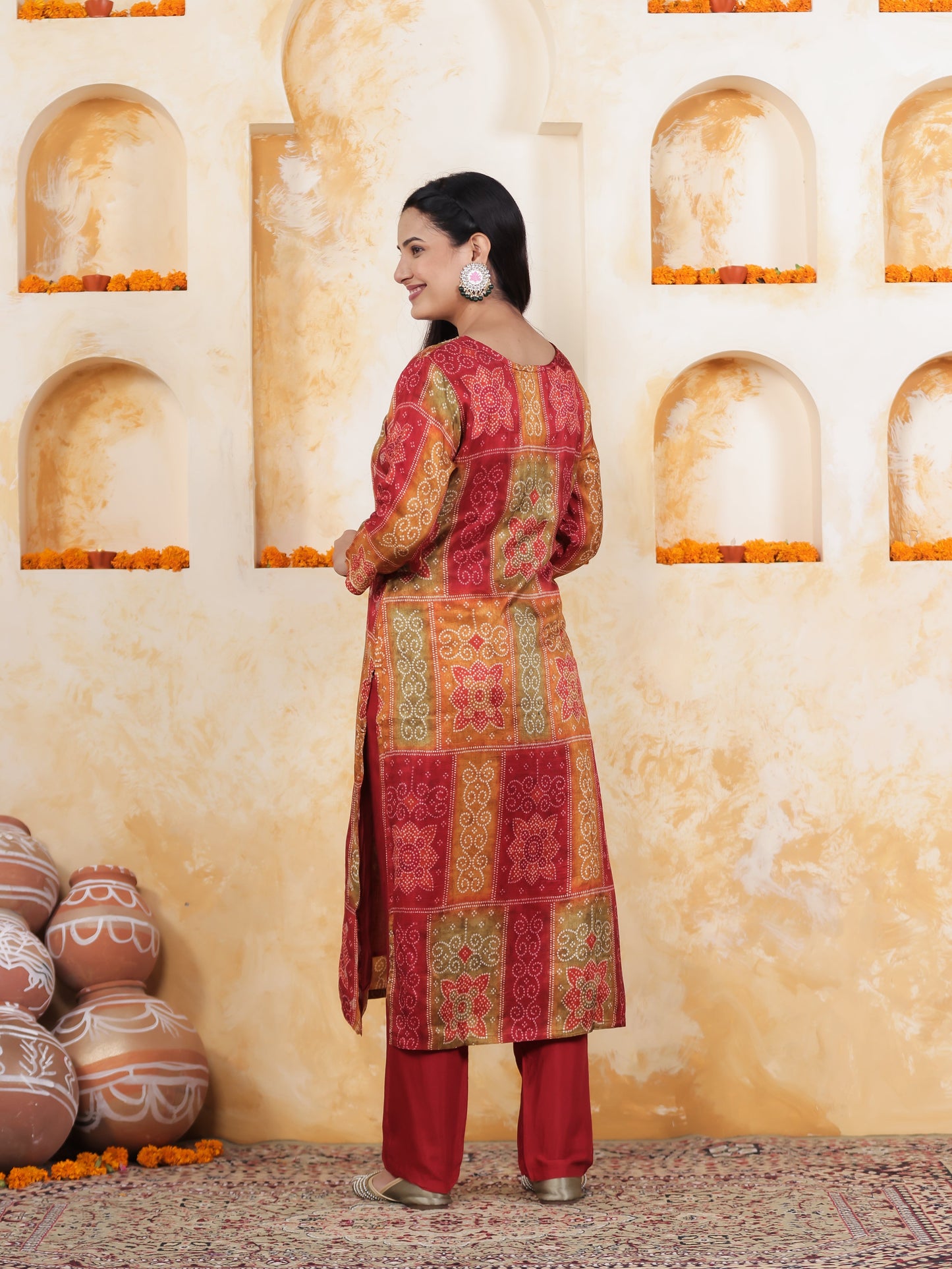Zari Multi Coloured Bandhani Viscose Jacquard Straight Kurta