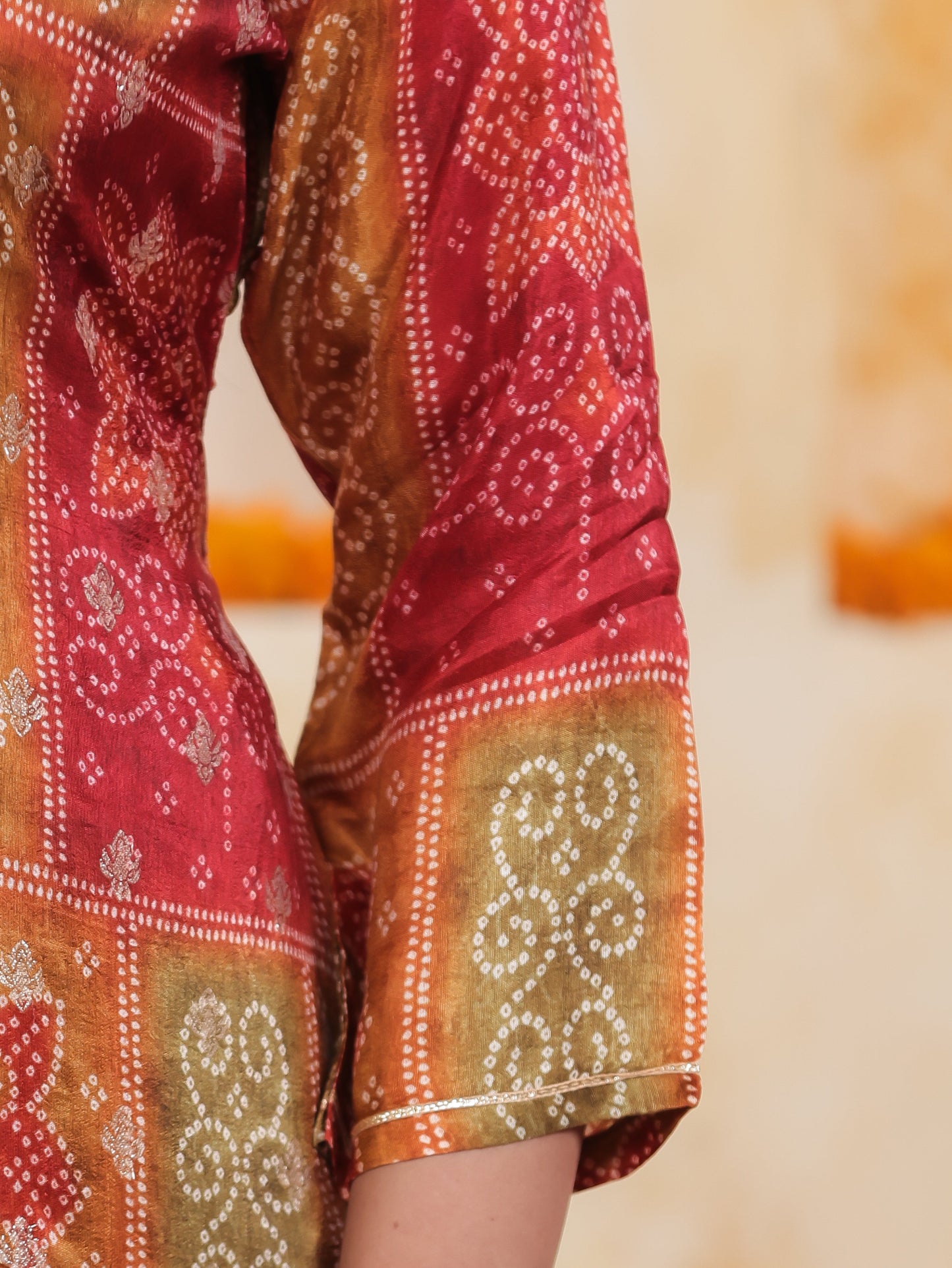 Zari Multi Coloured Bandhani Viscose Jacquard Straight Kurta