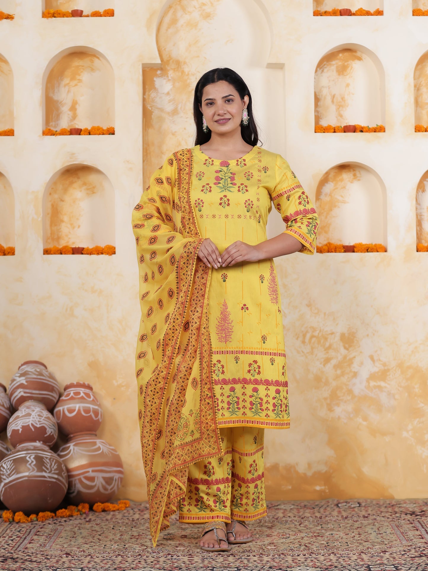 Yellow Border print Chanderi Straight Kurta