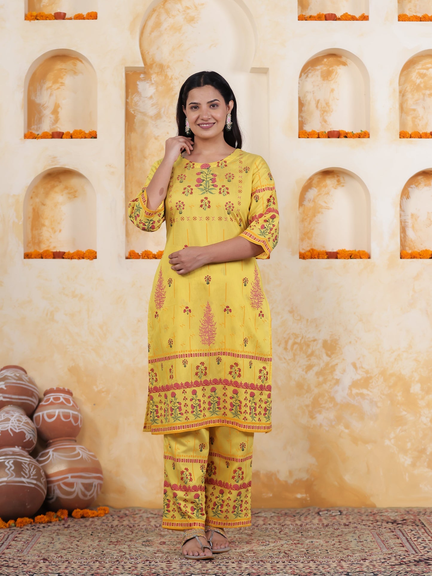 Yellow Border print Chanderi Straight Kurta