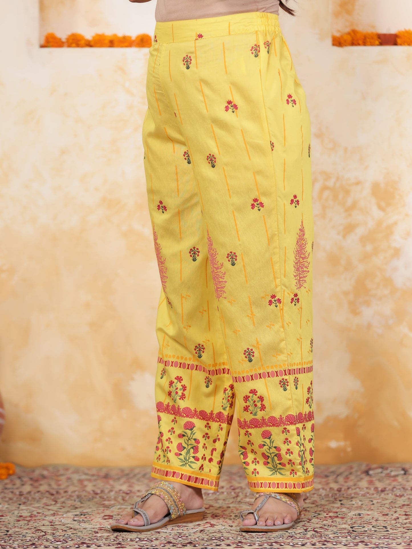 Yellow Border print Chanderi Straight Kurta