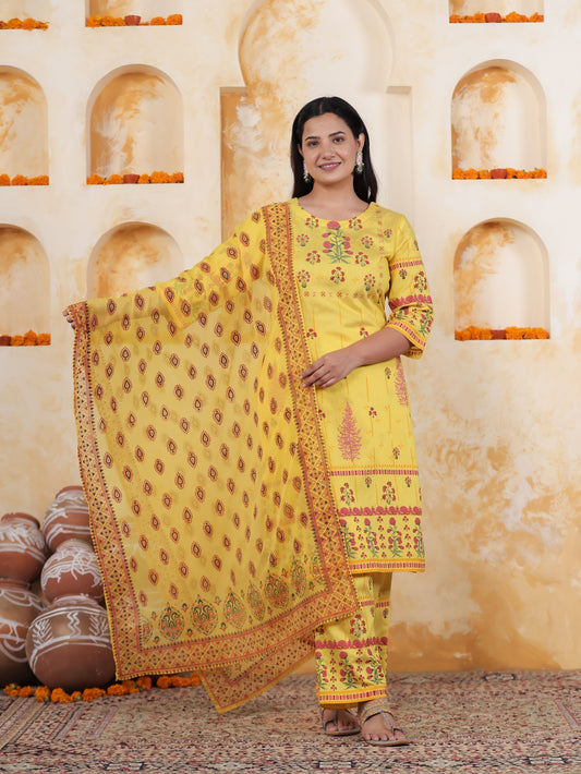 Yellow Border print Chanderi Straight Kurta