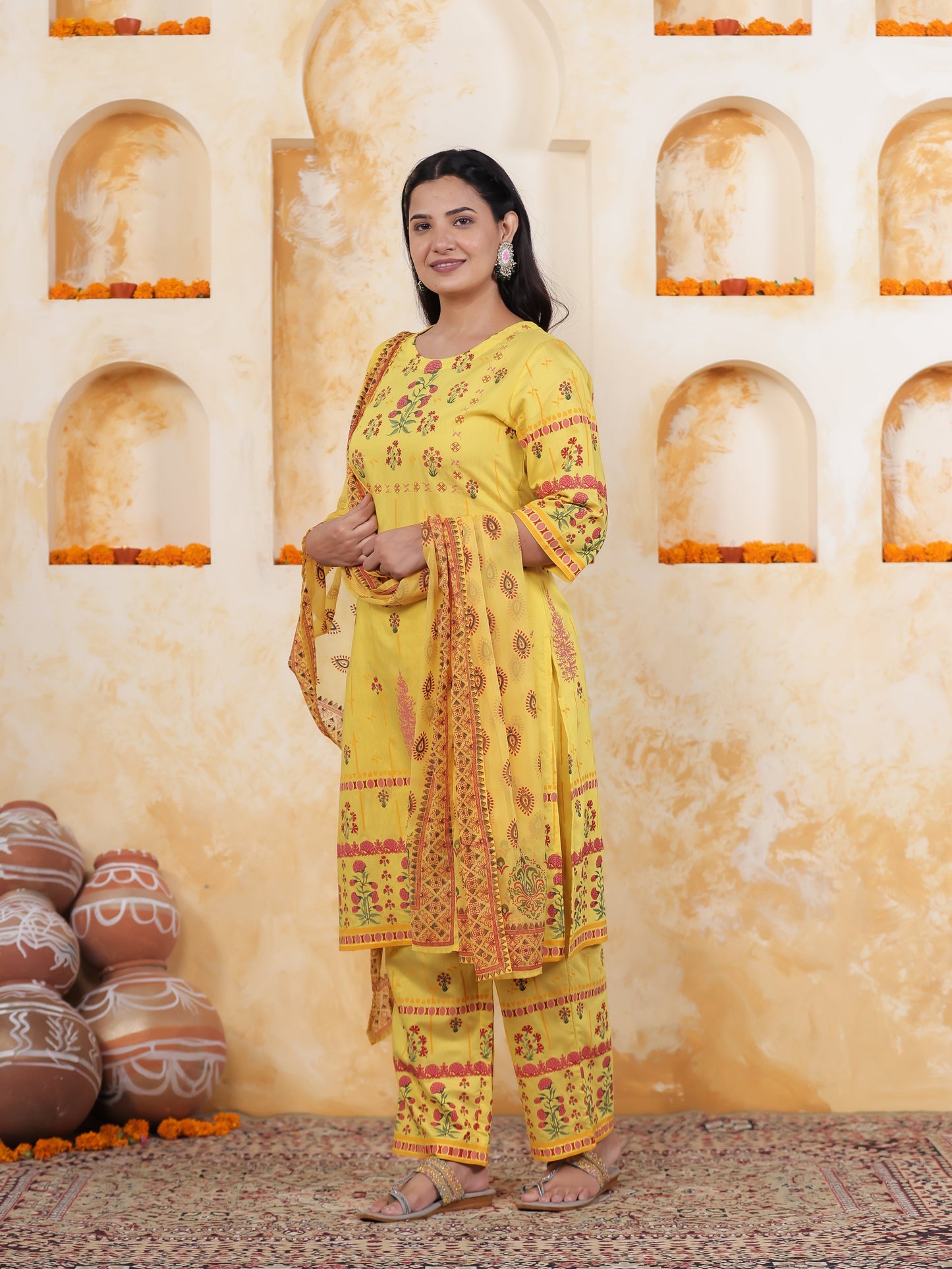 Yellow Border print Chanderi Straight Kurta