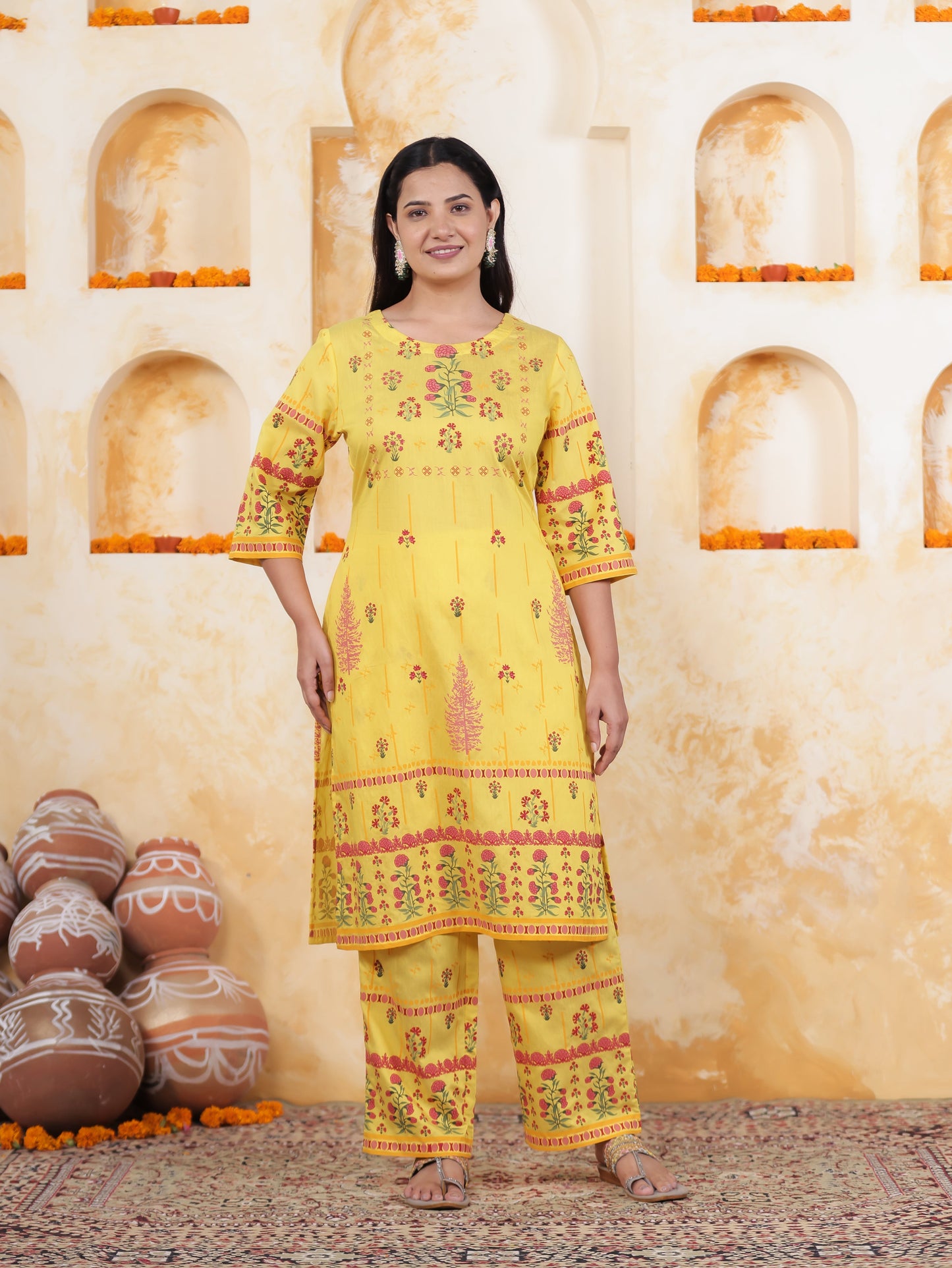 Yellow Border print Chanderi Straight Kurta
