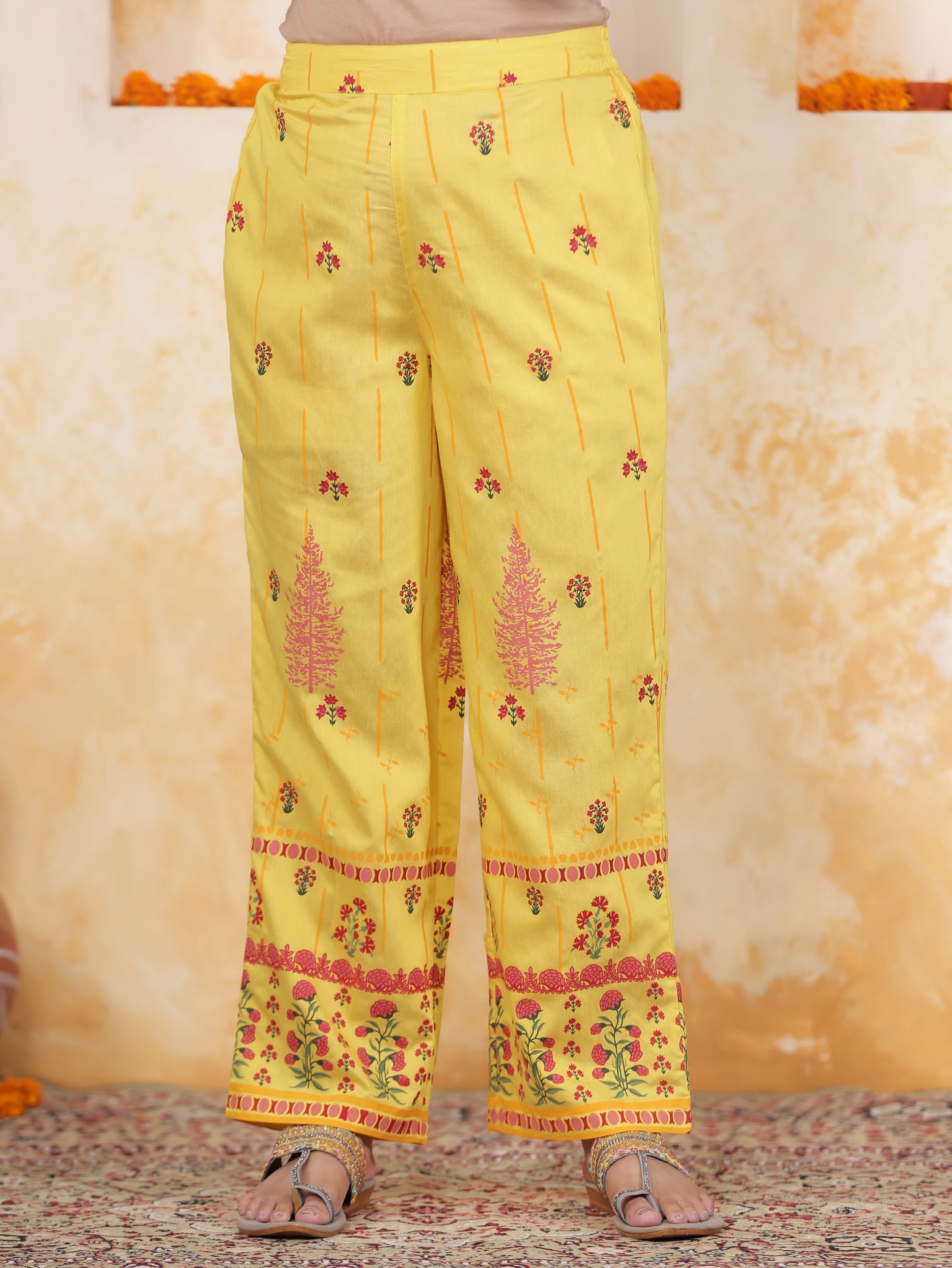 Yellow Border print Chanderi Straight Kurta