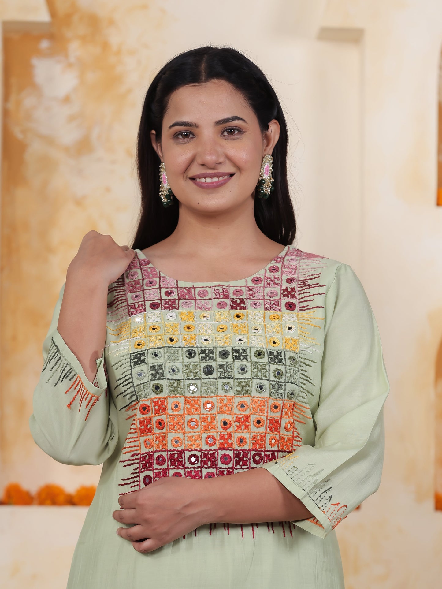 Mirror Embroidery Olive Chanderi Straight Kurta