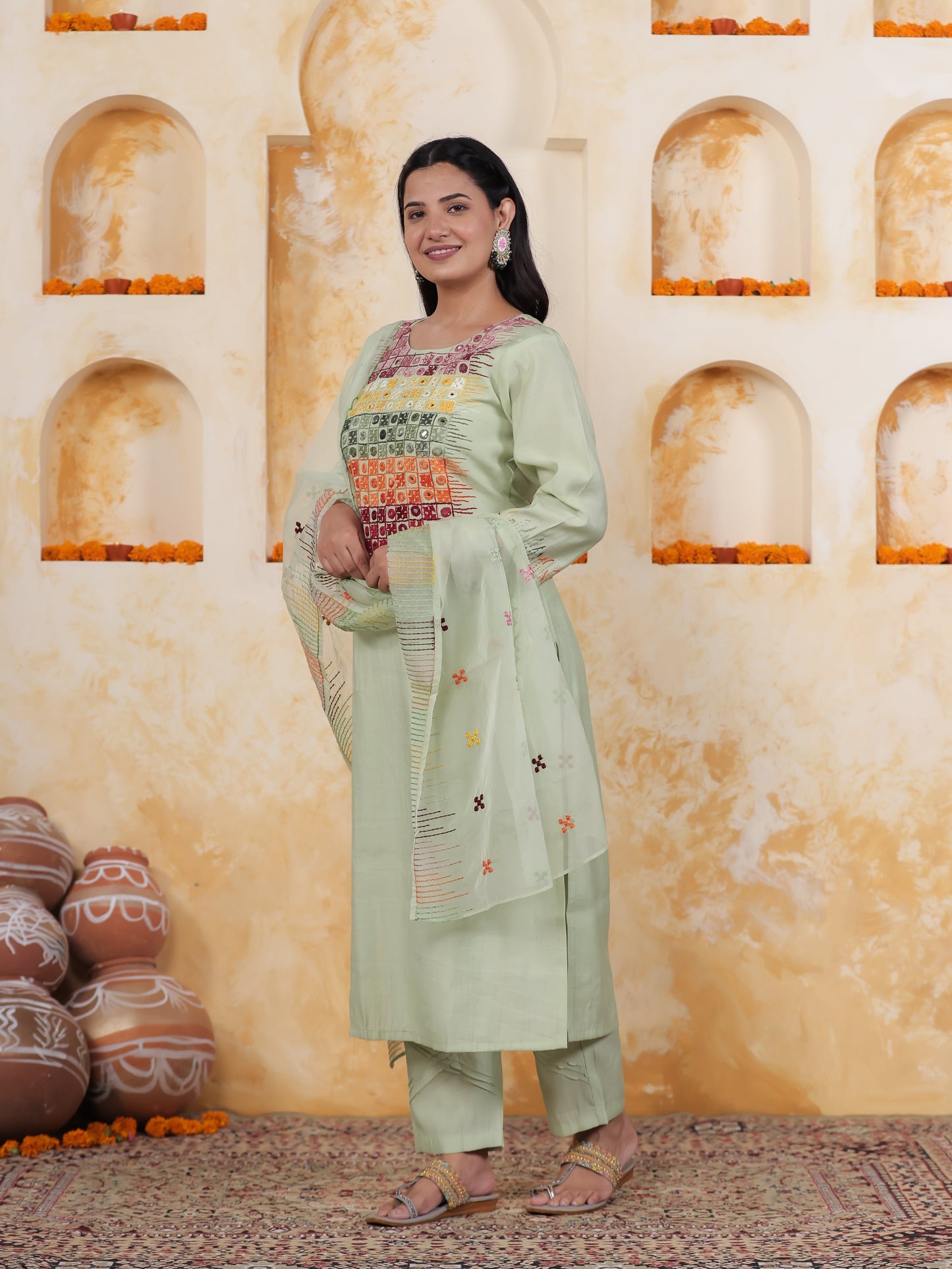 Mirror Embroidery Olive Chanderi Straight Kurta