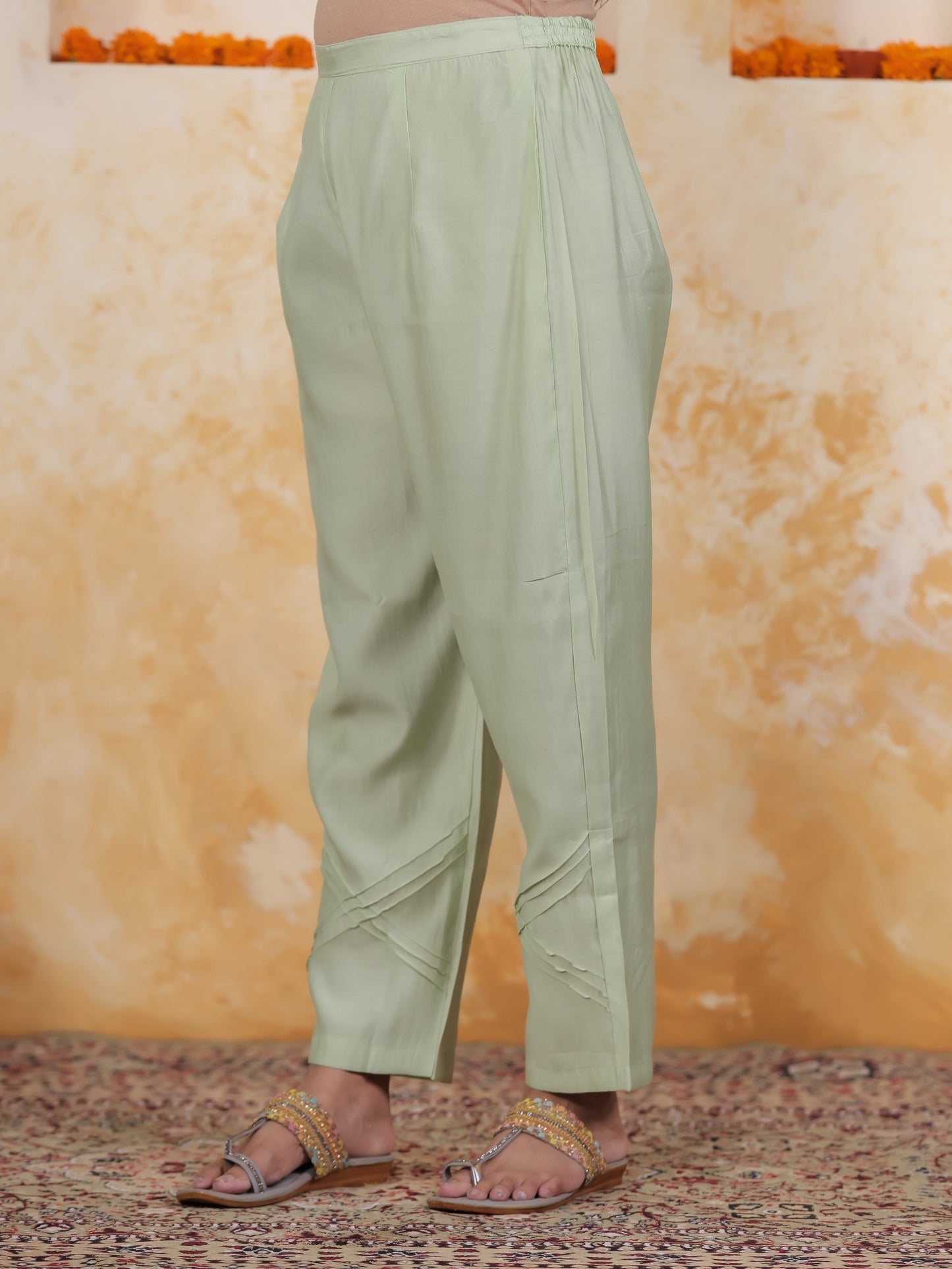 Mirror Embroidery Olive Chanderi Straight Kurta