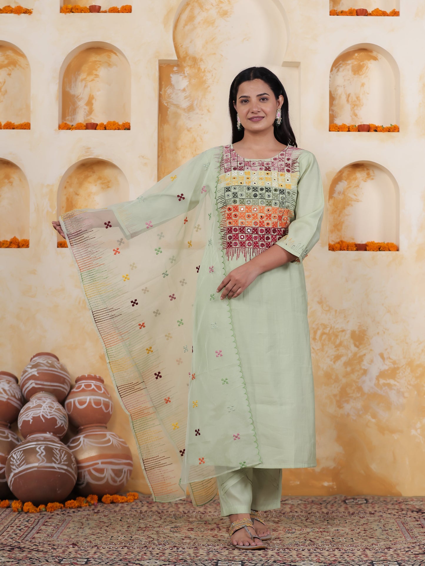 Mirror Embroidery Olive Chanderi Straight Kurta