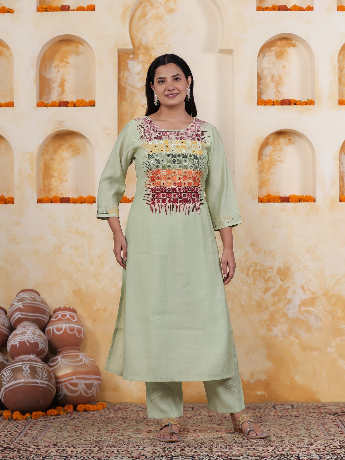Mirror Embroidery Olive Chanderi Straight Kurta