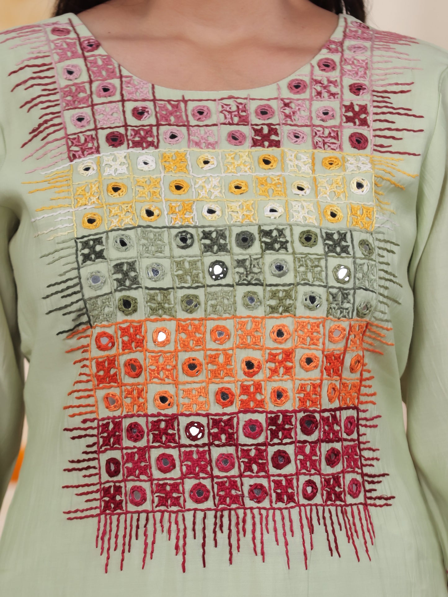 Mirror Embroidery Olive Chanderi Straight Kurta