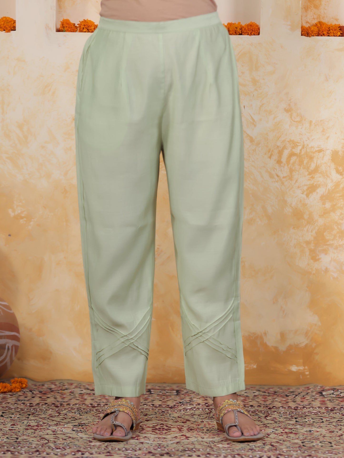 Mirror Embroidery Olive Chanderi Straight Kurta