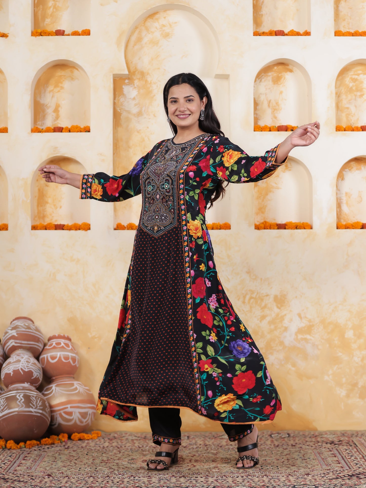 Mirror Embroidery Black AOP Satin Straight Kurta