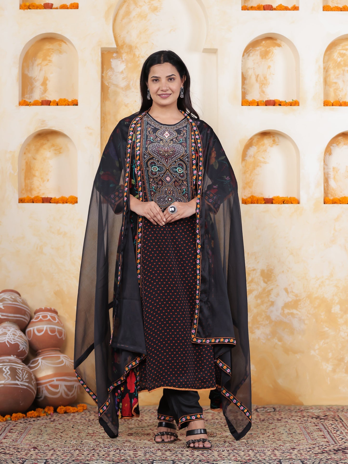 Mirror Embroidery Black AOP Satin Straight Kurta