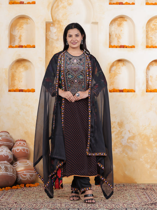 Mirror Embroidery Black AOP Satin Straight Kurta