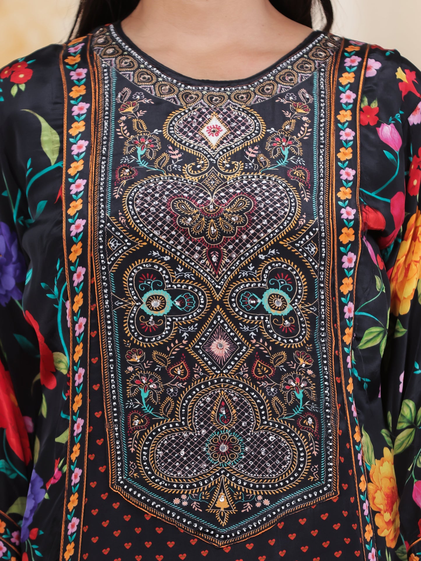 Mirror Embroidery Black AOP Satin Straight Kurta