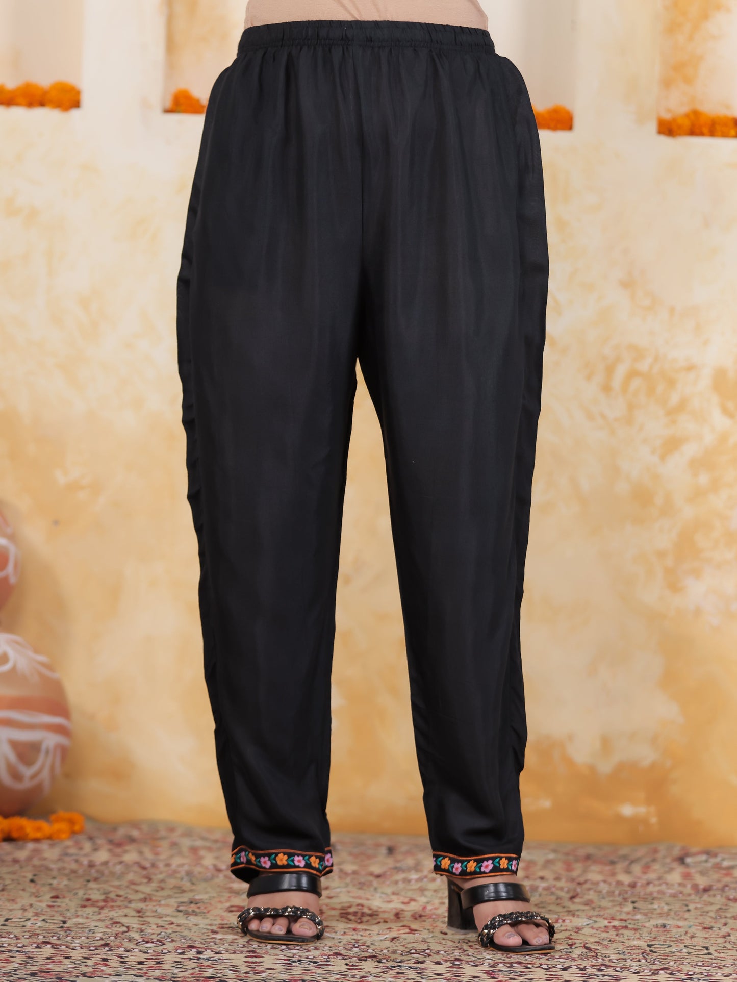 Mirror Embroidery Black AOP Satin Straight Kurta