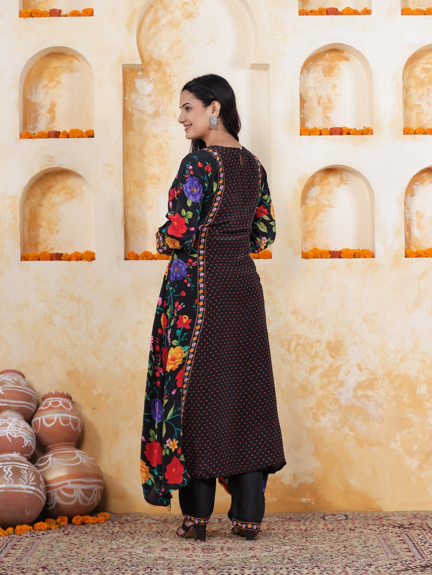 Mirror Embroidery Black AOP Satin Straight Kurta