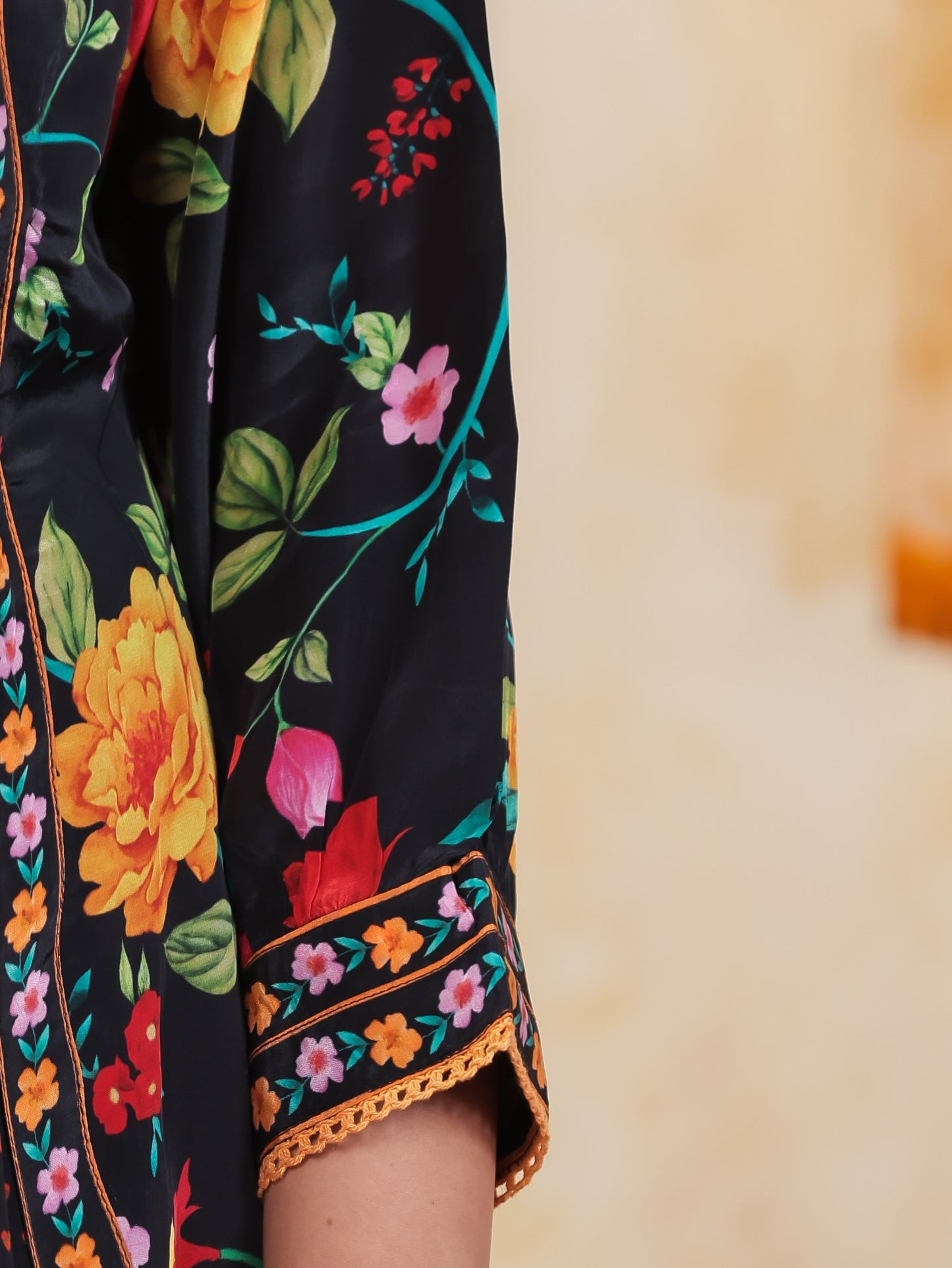 Mirror Embroidery Black AOP Satin Straight Kurta