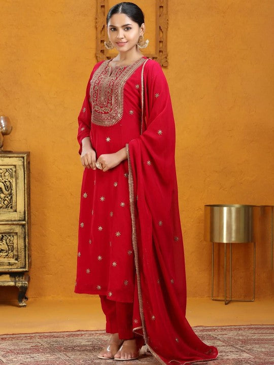 COTTON CULTURE Embroidered Straight Silk Georgette Kurta