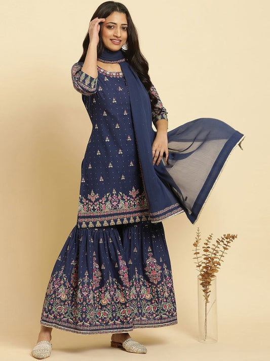 W Floral Printed Thread Work Pure Cotton Straight Kurta with Sharara & With Dupatta