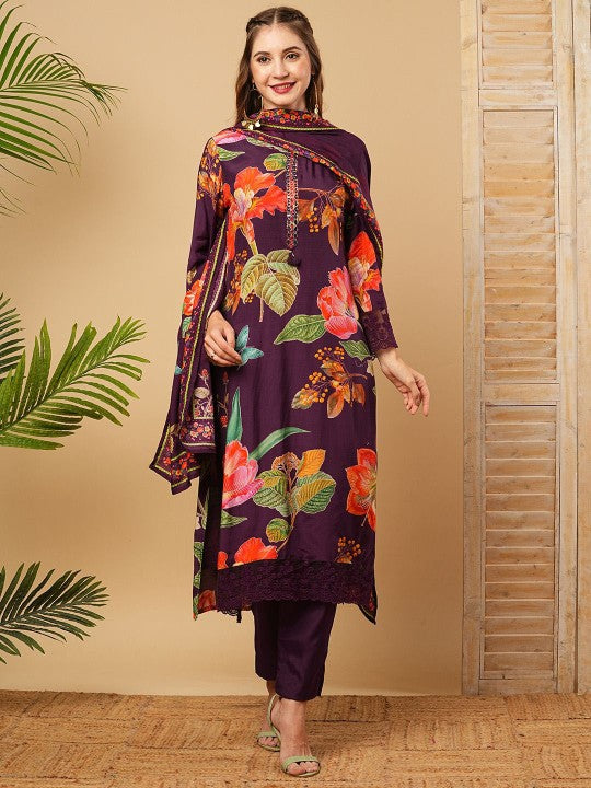 FASHOR Floral Printed Mirror Work Straight Kurta
