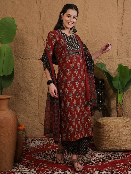 Printed Pure Cotton Round Neck Straight Kurta & Palazzo With Dupatta