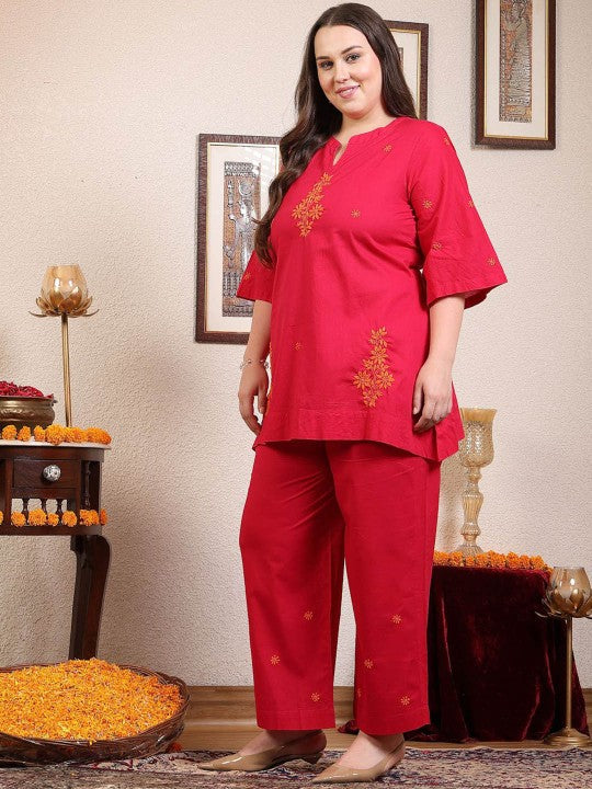 Sringam Chikankari Embroidered Mandarin Collar Pure Cotton Top With Trouser
