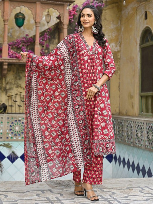 AUTUMN LANE Floral Printed Empire V-Neck Pure Cotton Kurta with Palazzo And Dupatta