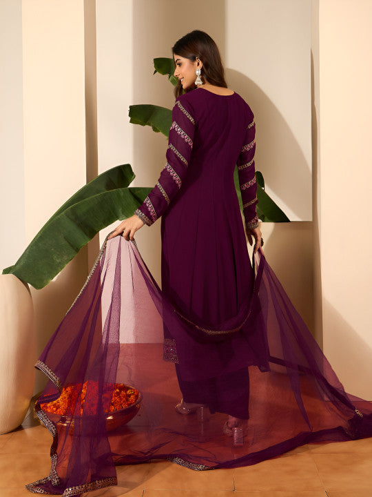 Inddus Ethnic Motifs Embroidered Empire Anarkali Kurta With Trousers & Dupatta