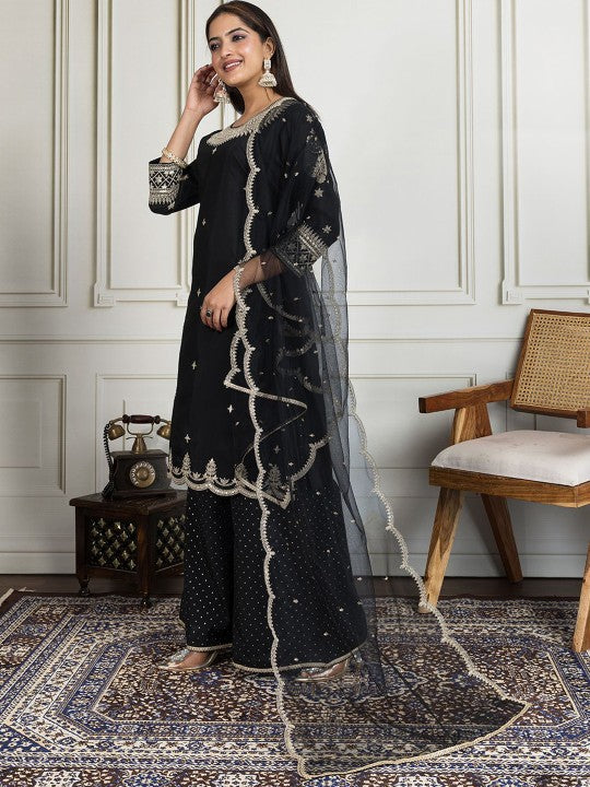 House of Pataudi Ethnic Motifs Zari & Sequinned Embroidered A-Line Kurta