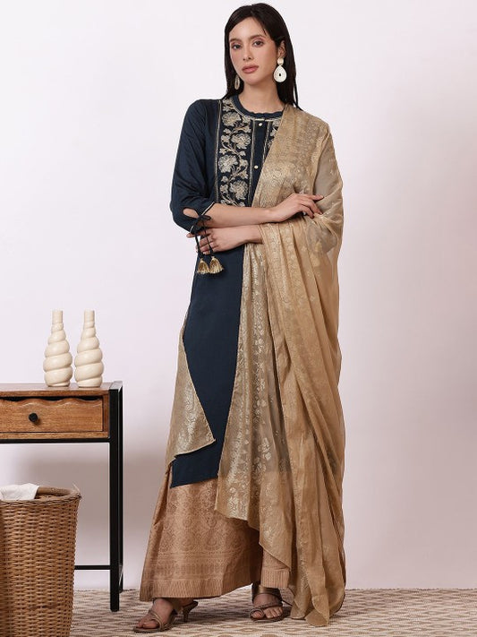 AURELIA Women Floral Yoke Design Regular Thread Work Kurta with Skirt & With Dupatta