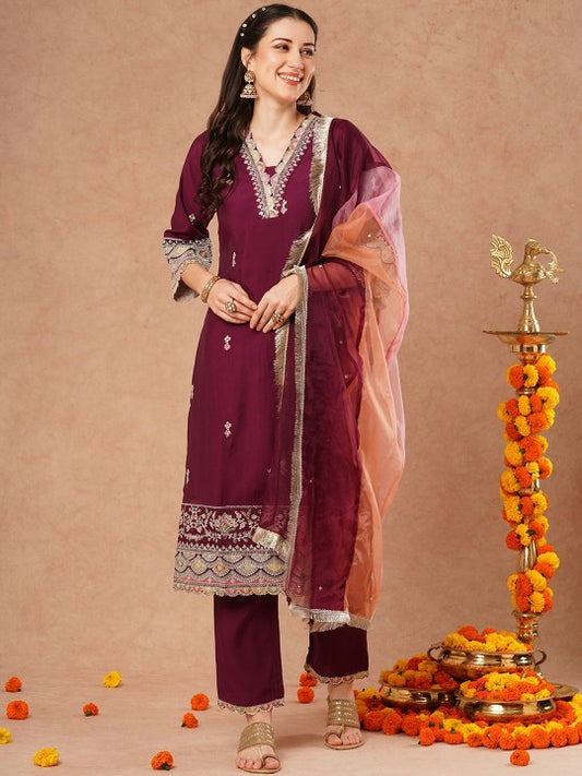 FASHOR Ethnic Motifs Embroidered Sequinned Straight Kurta